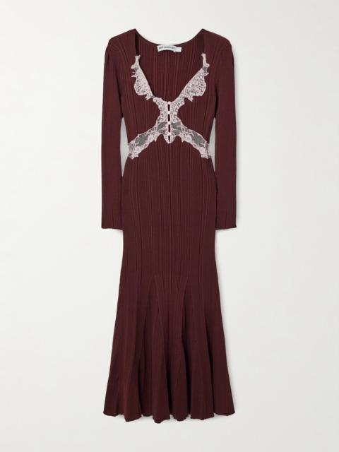 Lace-trimmed Ribbed-knit Midi Dress