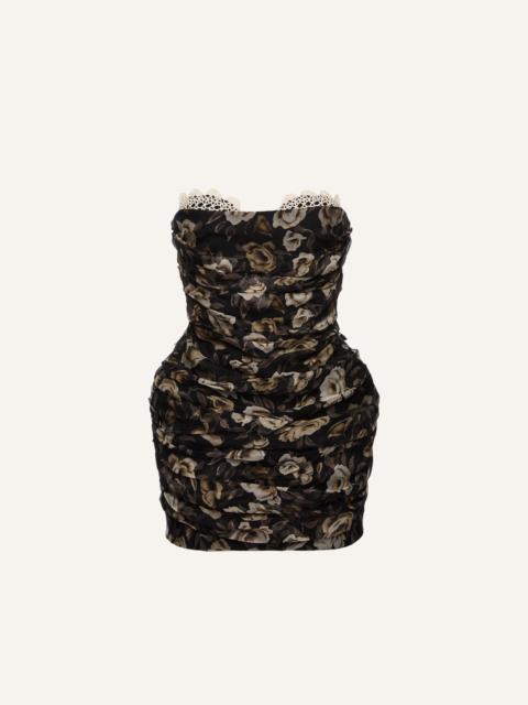 Strapless ruched silk mini dress in black print