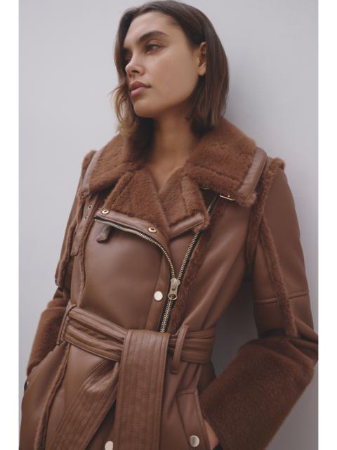 Faux Fur Buckle Detail Belted Biker Midi Coat