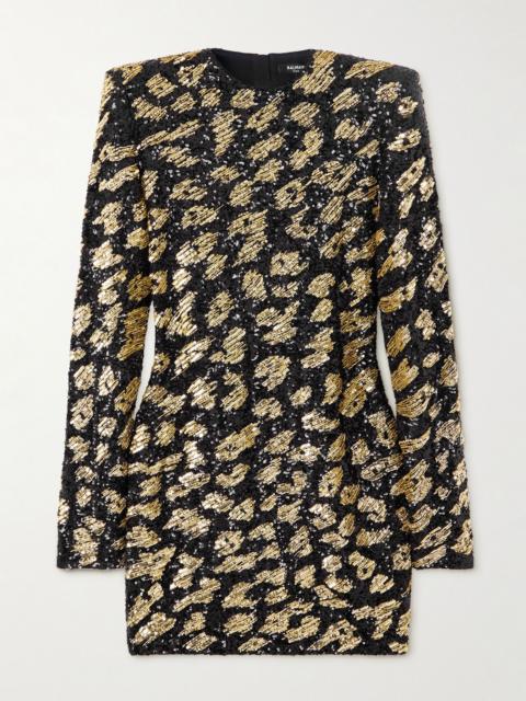 Bead-embellished sequined satin mini dress Leopard print