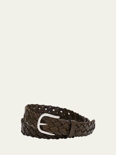Men's Woven Leather Rounded-Buckle Belt