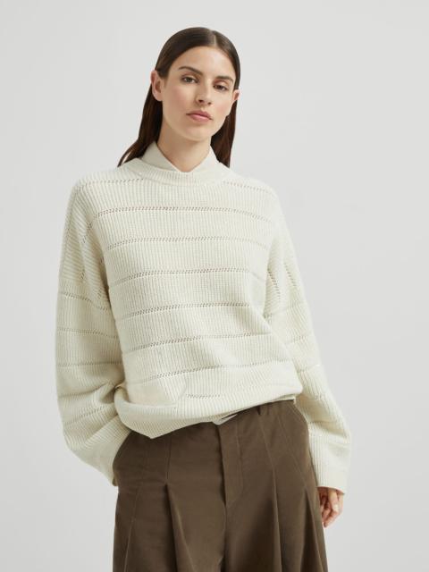 Dazzling cashmere and wool ribbed sweater with openwork stripe