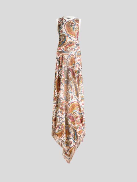 KNIT LONG DRESS WITH FRINGING AND FLORAL PAISLEY MOTIF