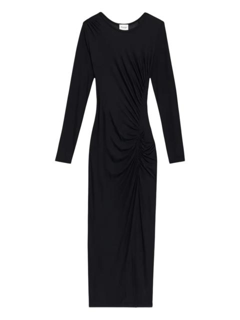 side-gathered long-sleeve midi dress