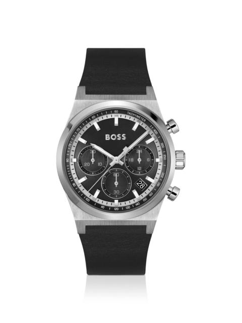 SILVER-TONE CHRONOGRAPH WATCH WITH BLACK LEATHER STRAP