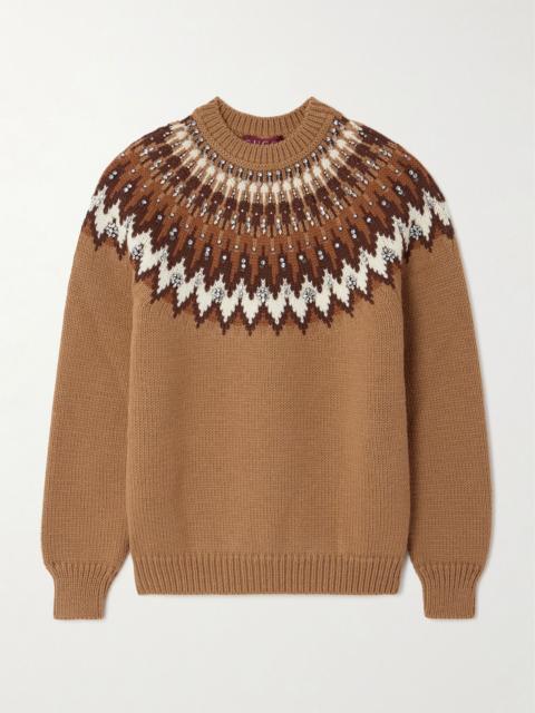Crystal-embellished Fair Isle wool-blend sweater Camel