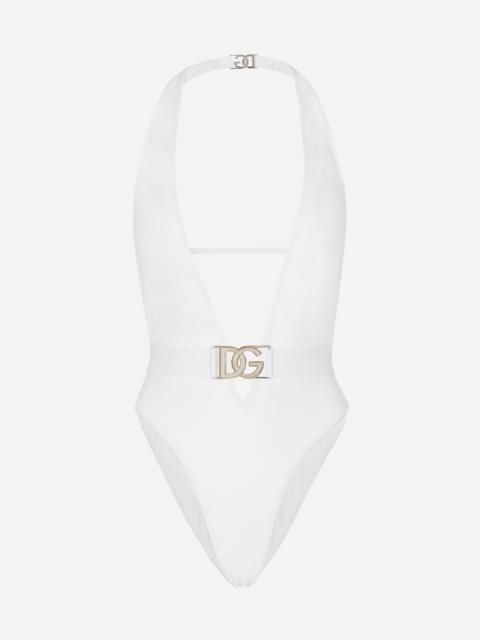 One-piece swimsuit with plunging neck and belt