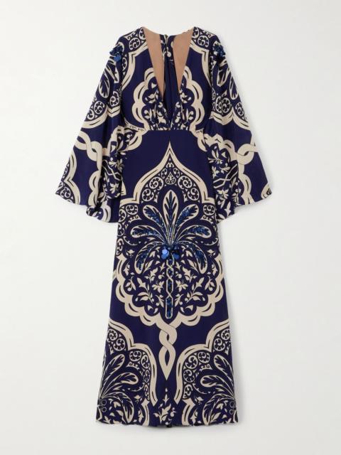 Cape-effect embellished printed silk-crepe maxi dress Navy