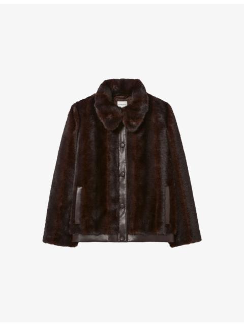 Collared Contrast-Trim Faux-Fur Coat