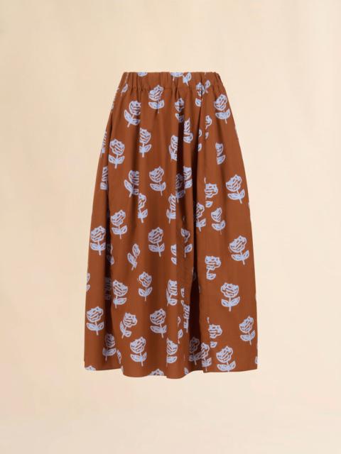 BROWN POPLIN EGG SKIRT WITH SPRAYED ROSES PRINT