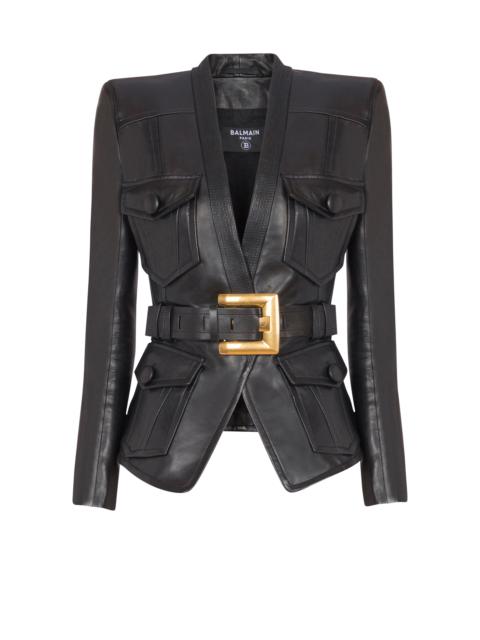 1-button belted leather jacket