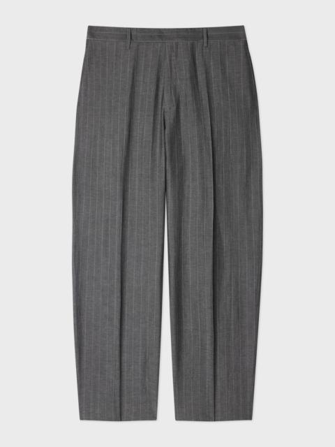 Relaxed-Fit Grey Wool-Linen Pinstripe Trousers