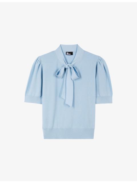 Tie-Neck Short-Sleeve Cotton-Blend Jumper