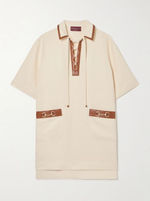 Horsebit-embellished leather-trimmed linen mini dress Cream
