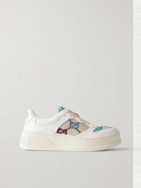 GG logo-detailed leather and embroidered canvas sneakers