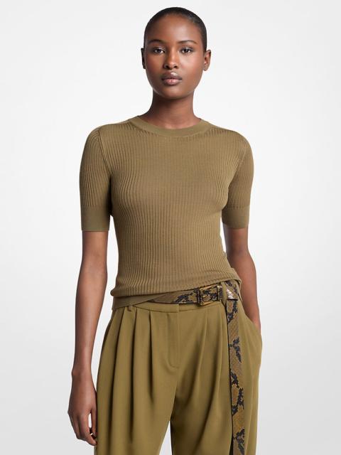 Ribbed Wool Elbow-Sleeve Sweater