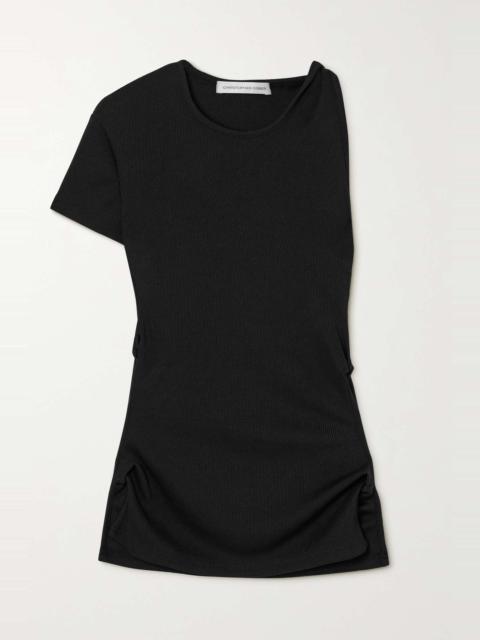 One-sleeve cutout twisted stretch ribbed-knit top