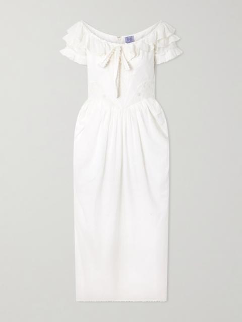 Falbala Off-the-shoulder Bow-detailed Ruffled Pleated Embroidered Cotton-voile Midi Dress