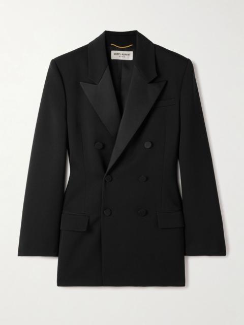 Double-breasted twill-trimmed grain de poudre wool blazer Black