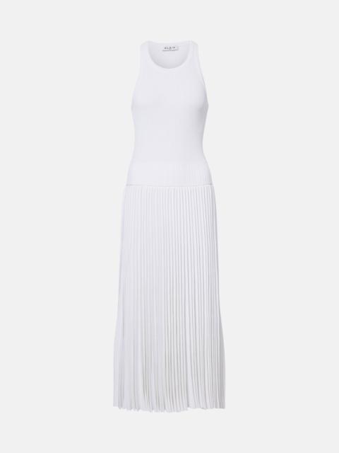 Pleated ribbed-knit midi dress