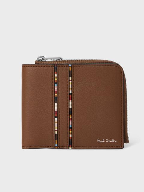 Tan Leather 'Signature Stripe' Piping Zip Billfold Wallet