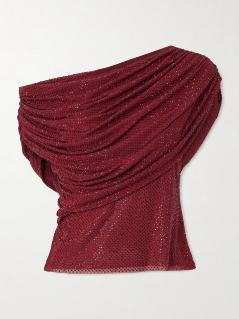 Off-the-shoulder Draped Crystal-embellished Mesh Top