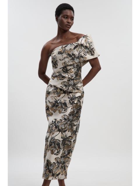 Floral Jacquard Asymmetric Neck Pencil Dress