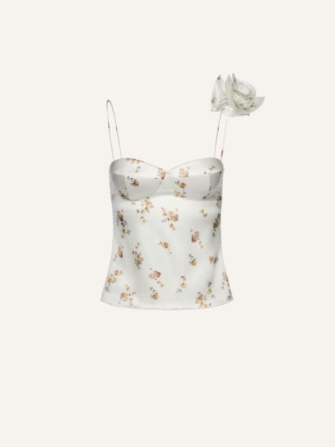 Flower appliqué silk tank in cream print