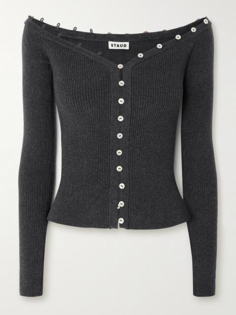 Keaton Off-the-shoulder Ribbed Cotton And Wool-blend Cardigan
