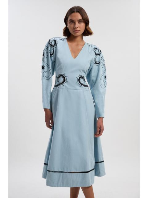 Petite Baroque Embroidered Long Sleeve Twill Woven Midi Dress