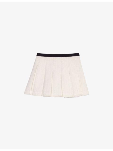 Contrast-Trim Pleated Lurex Tweed Skort