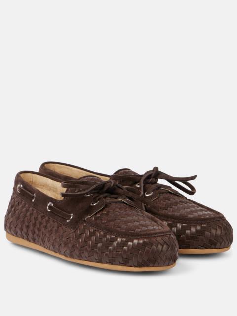 Woven leather and suede boat shoes