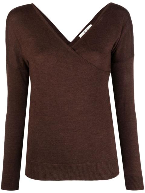 crossover-neck fine-knit jumper
