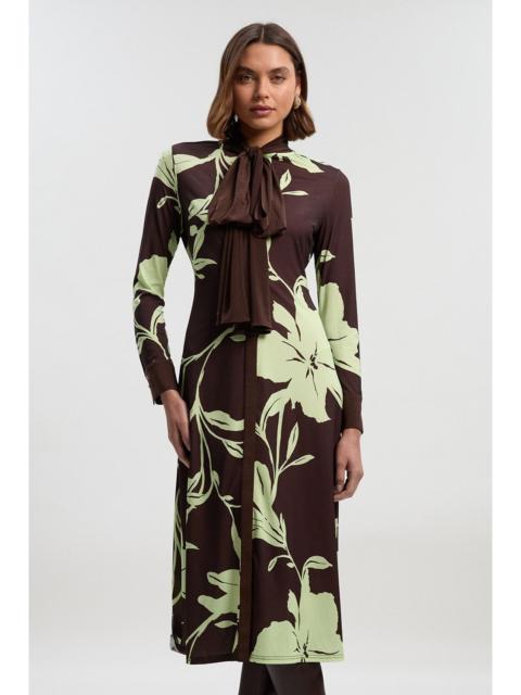 Floral Print Bow Detail Ruched Long Sleeve Crepe Maxi Dress