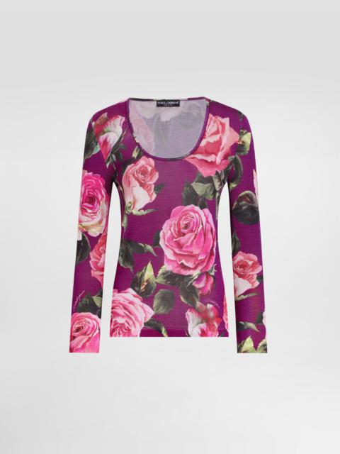 Rose-print silk sweater