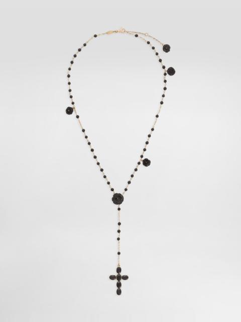 Yellow gold Devotion rosary necklace with black oval sapphires