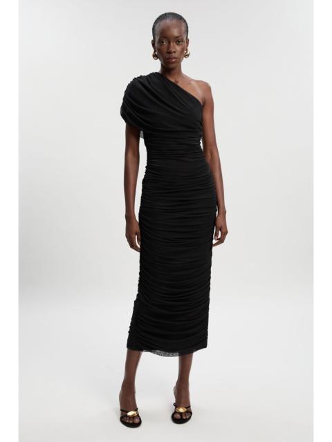 Bandage Mesh Gathered Asymmetric Neck Knitted Maxi Dress