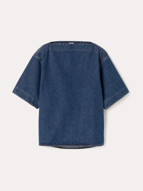 Dart-neck denim top dark blue