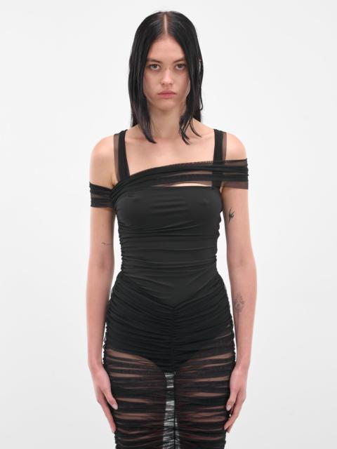 Black Draped Shoulder Ruched Bodysuit