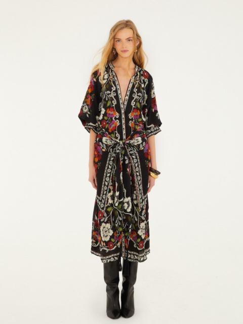 Black Rococo Flowers Belted Midi Dress