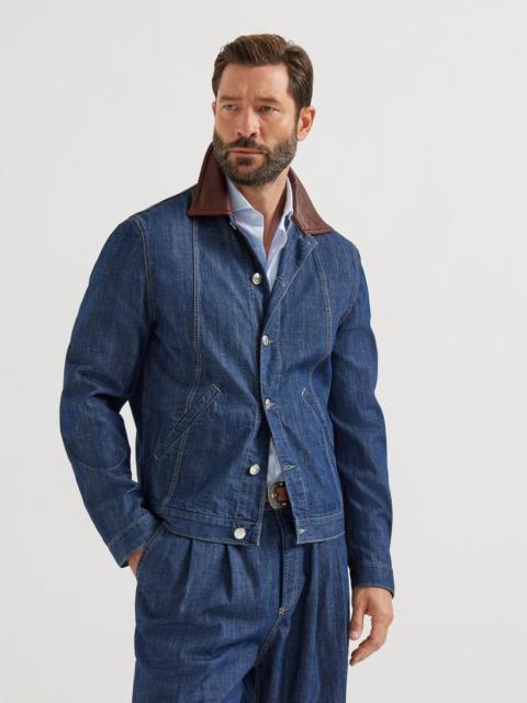 Lightweight denim outerwear jacket with leather collar