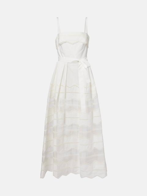 Belted organza-trimmed cotton maxi dress