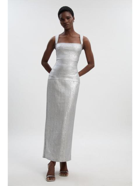 Foil Metallic Figure Form Bandage Strappy Knit Maxi Dress