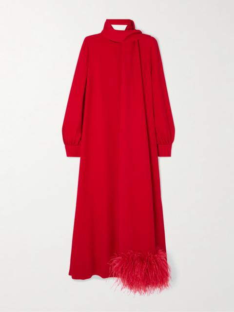 Tie-neck Feather-trimmed Silk-crepe Gown