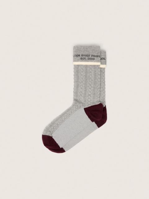Gray socks with turn-up and burgundy and cream details