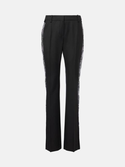 Lace-trimmed wool straight pants
