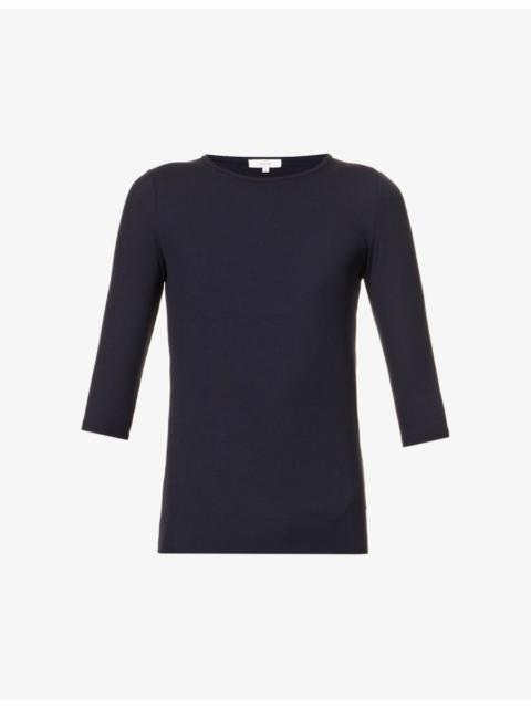 Three quarter-length sleeve ribbed stretch-woven top