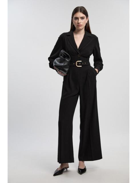 Tailored Crepe Belted Wide Leg Jumpsuit