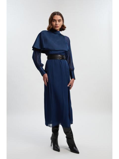 Petite Military Sheer Cape Detail Woven Maxi Dress