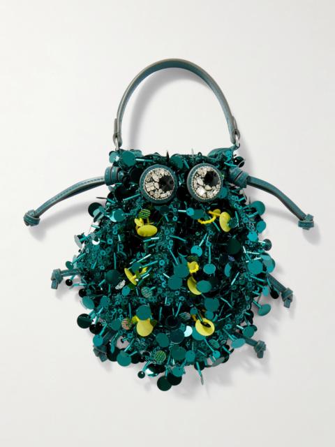 Beetle Embellished Leather-trimmed Clutch